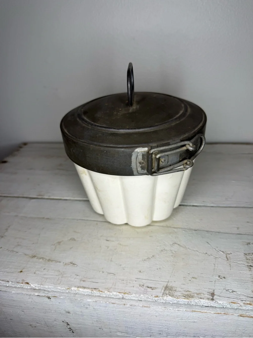 Antique Creamy White German Steam Pudding Mold w/ Tin Lid & Side Locking Latch
